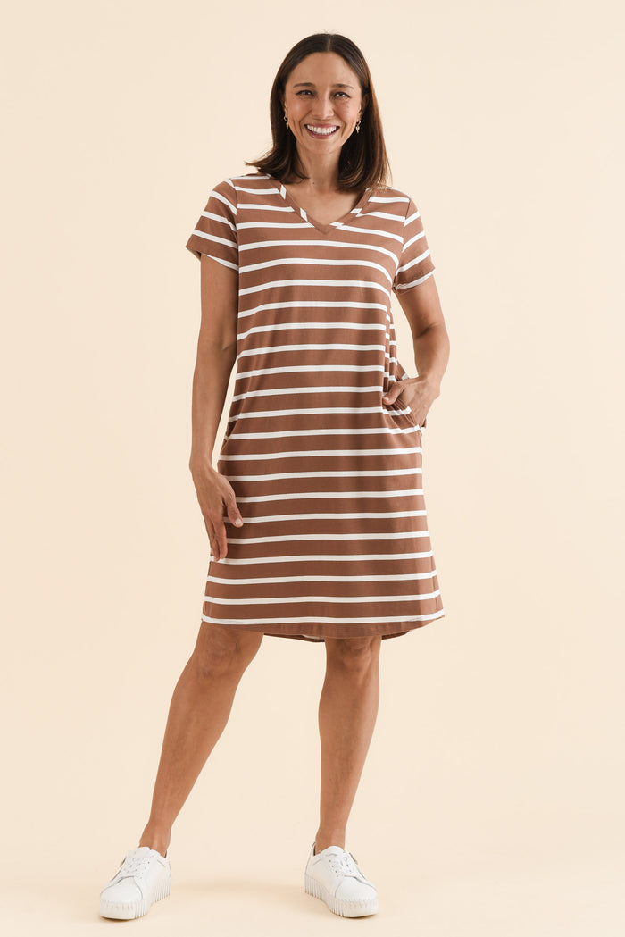Harley Chocolate Stripe Cotton Tee Dress,Full Body,Brunette model,alt text|model:Cara