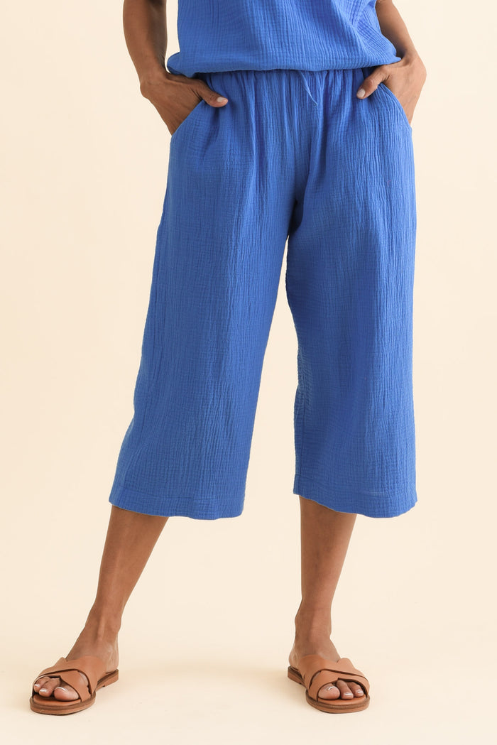 Harvey Cobalt Cotton Cheesecloth Cropped Pants,Brunette model,alt text|model:Cara