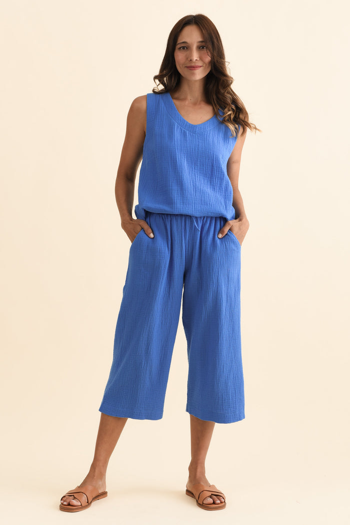 Harvey Cobalt Cotton Cheesecloth Cropped Pants,Brunette model,alt text|model:Cara
