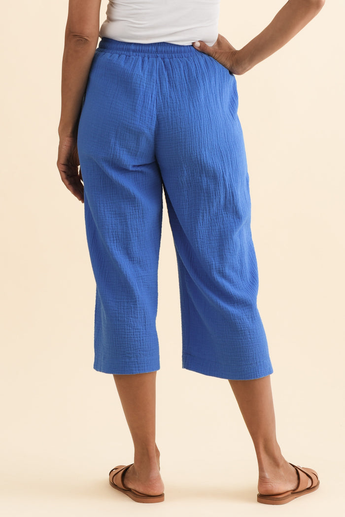 Harvey Cobalt Cotton Cheesecloth Cropped Pants,Brunette model,alt text|model:Cara