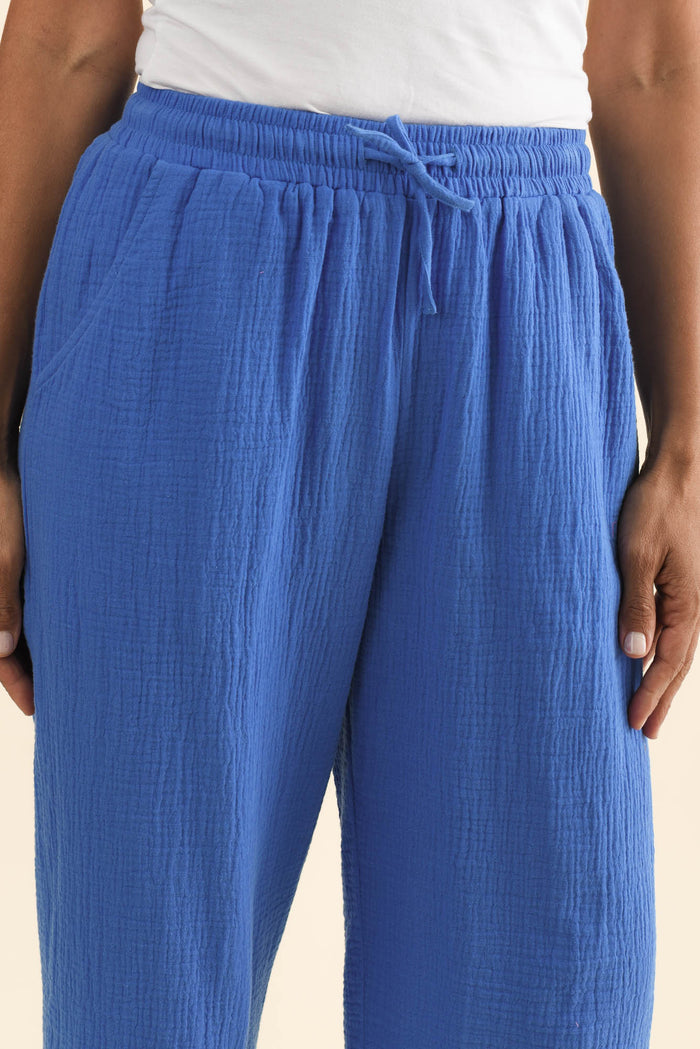 Harvey Cobalt Cotton Cheesecloth Cropped Pants,Brunette model,alt text|model:Cara