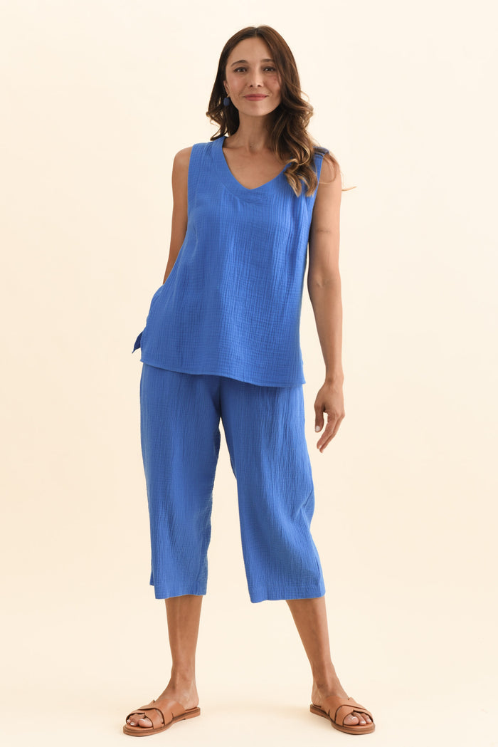 Harvey Cobalt Cotton Cheesecloth Cropped Pants,Brunette model,alt text|model:Cara