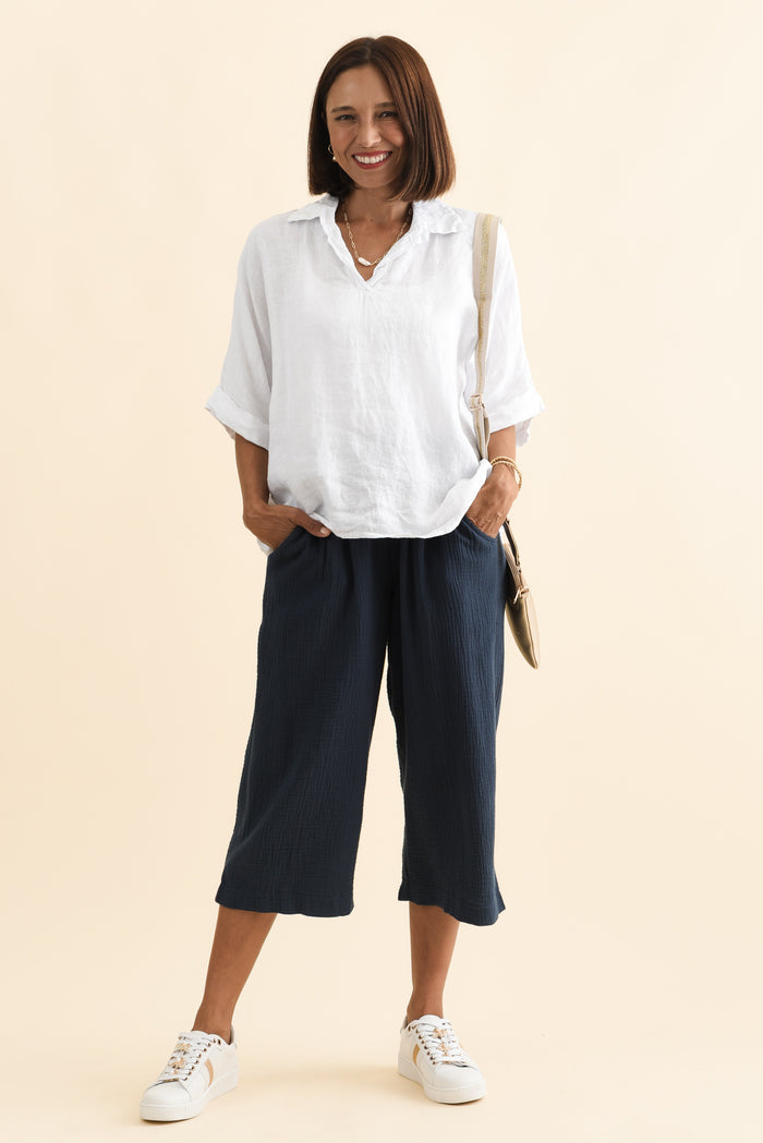 Harvey Navy Cotton Cheesecloth Cropped Pants,Brunette model,alt text|model:Cara