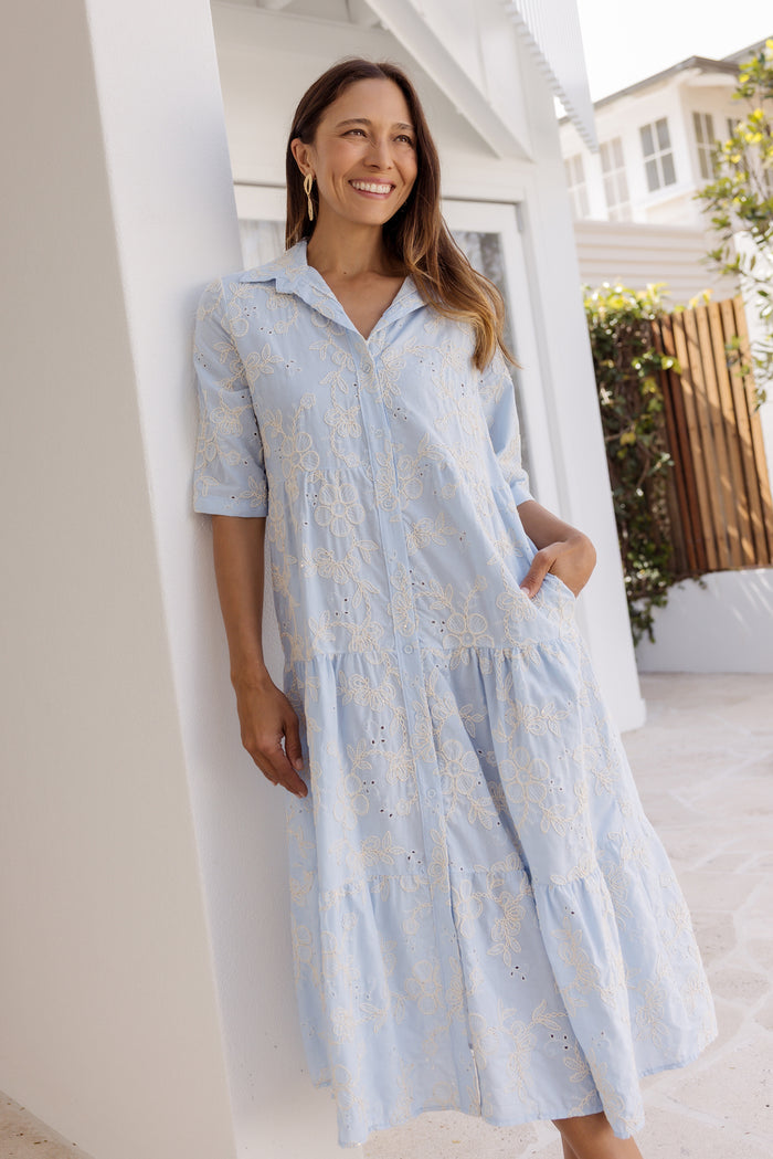 Heidi Blue Floral Embroidered Cotton Dress,Lifestyle