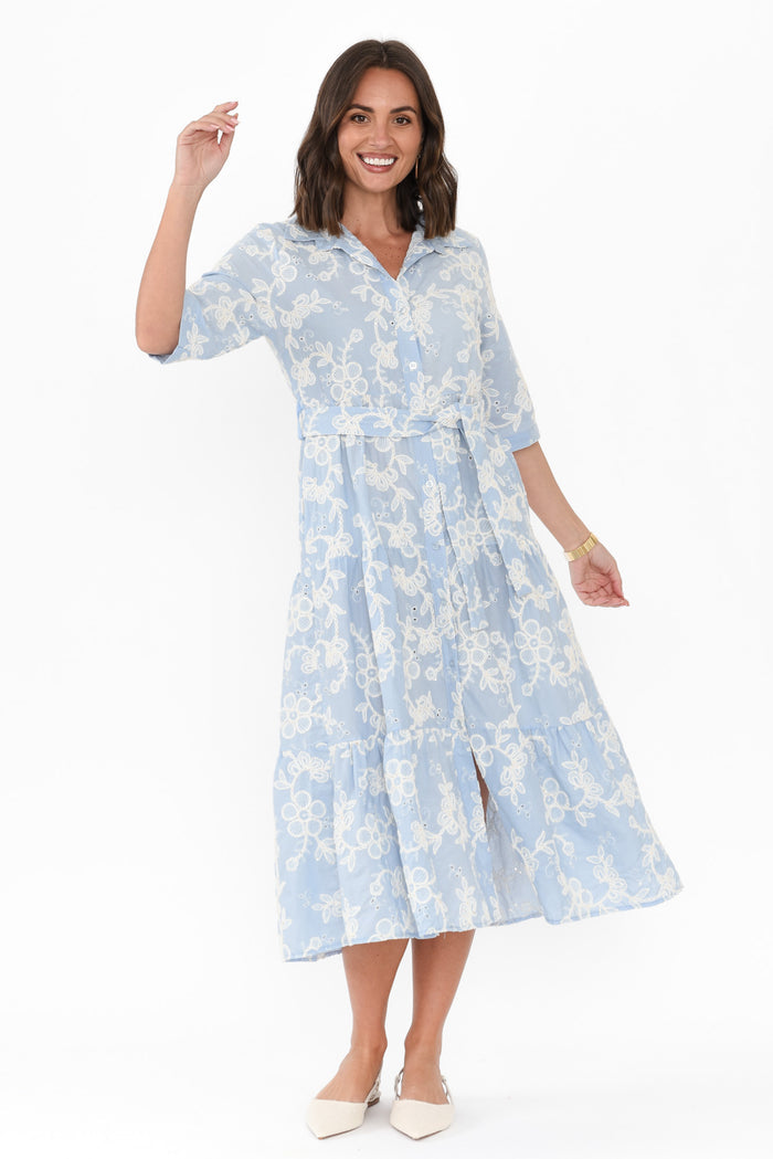 Heidi Blue Floral Embroidered Cotton Dress,Brunette model,alt text|model:MJ