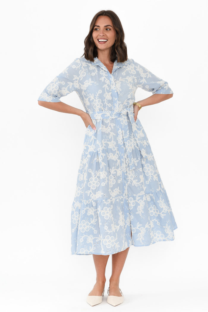 Heidi Blue Floral Embroidered Cotton Dress,Brunette model,alt text|model:MJ