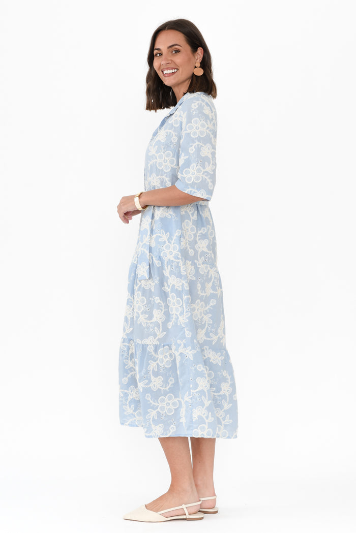 Heidi Blue Floral Embroidered Cotton Dress,Brunette model,alt text|model:MJ