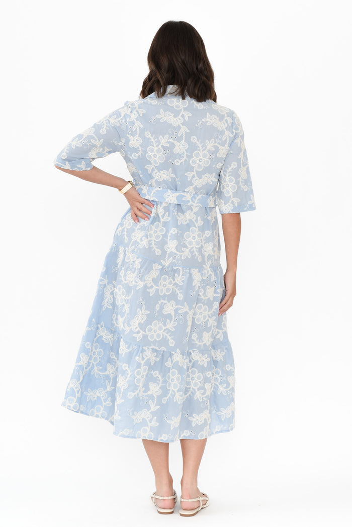 Heidi Blue Floral Embroidered Cotton Dress,Brunette model,alt text|model:MJ