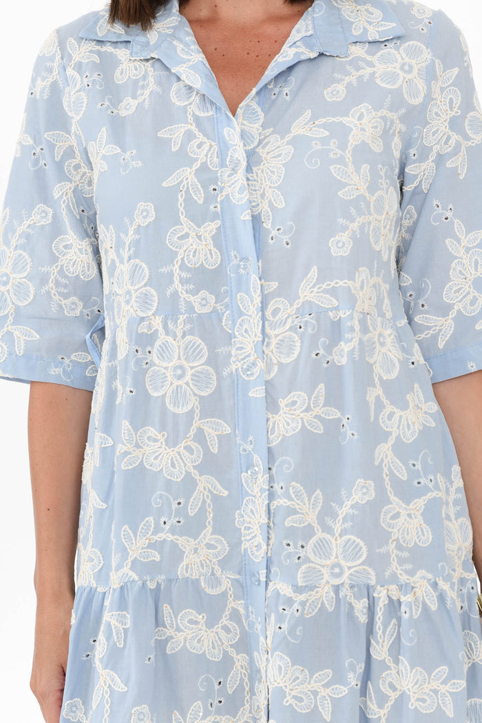 Heidi Blue Floral Embroidered Cotton Dress,Brunette model,alt text|model:MJ