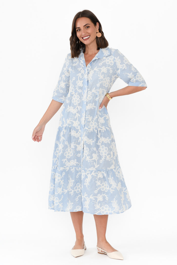 Heidi Blue Floral Embroidered Cotton Dress,Brunette model,alt text|model:MJ