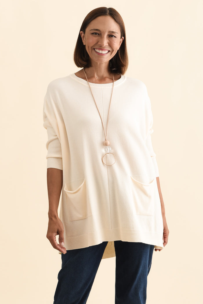 Helsinki Cream Knit Pocket Jumper,Brunette model,alt text|model:Cara