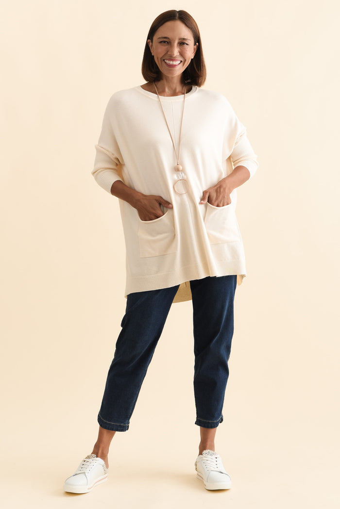 Helsinki Cream Knit Pocket Jumper,Brunette model,alt text|model:Cara