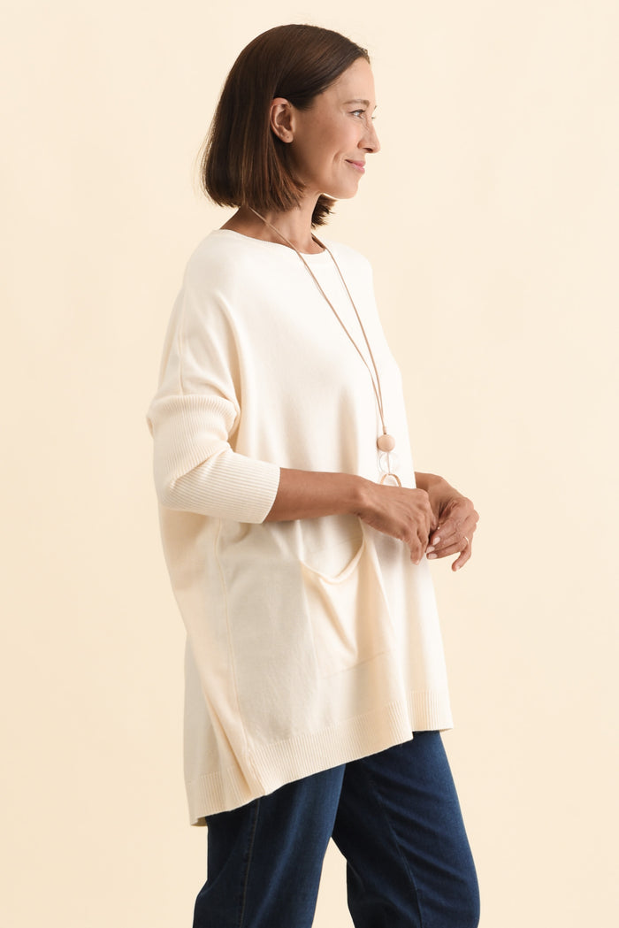 Helsinki Cream Knit Pocket Jumper,Brunette model,alt text|model:Cara