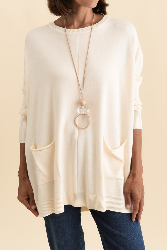 Helsinki Cream Knit Pocket Jumper,Brunette model,alt text|model:Cara