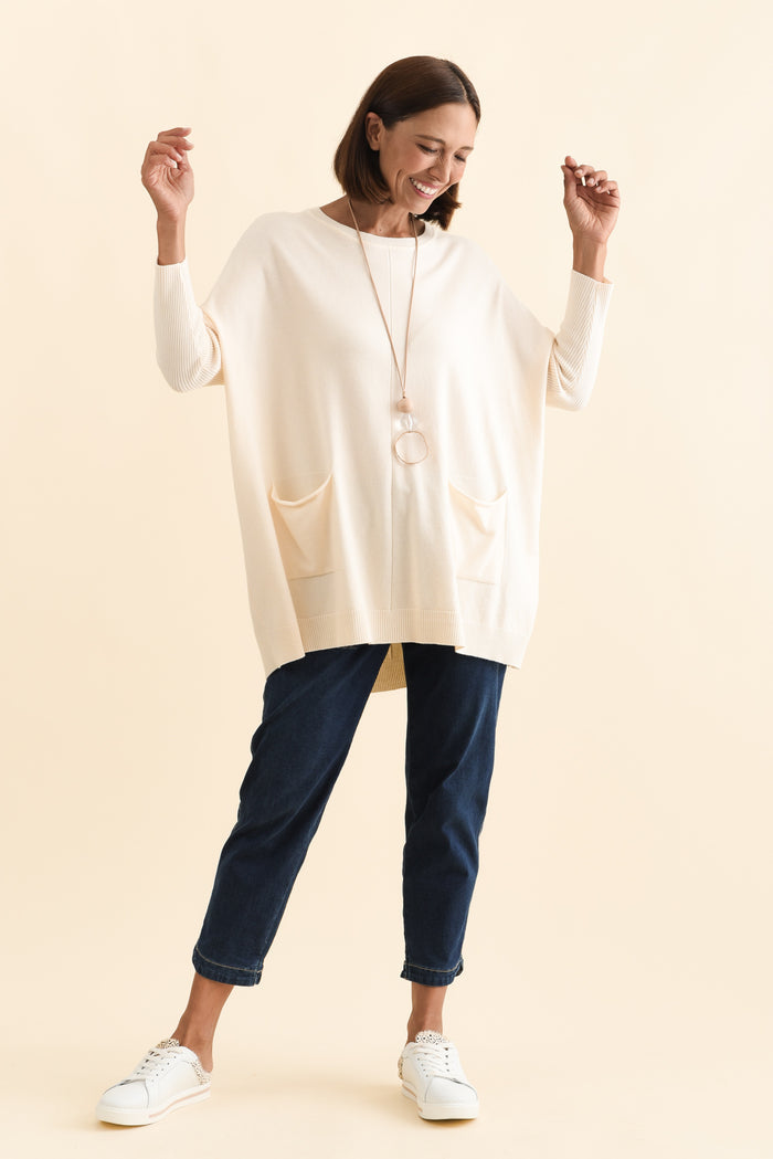 Helsinki Cream Knit Pocket Jumper,Brunette model,alt text|model:Cara