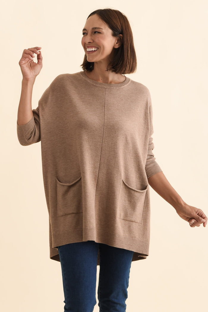 Helsinki Mocha Knit Pocket Jumper,Brunette model,alt text|model:Cara