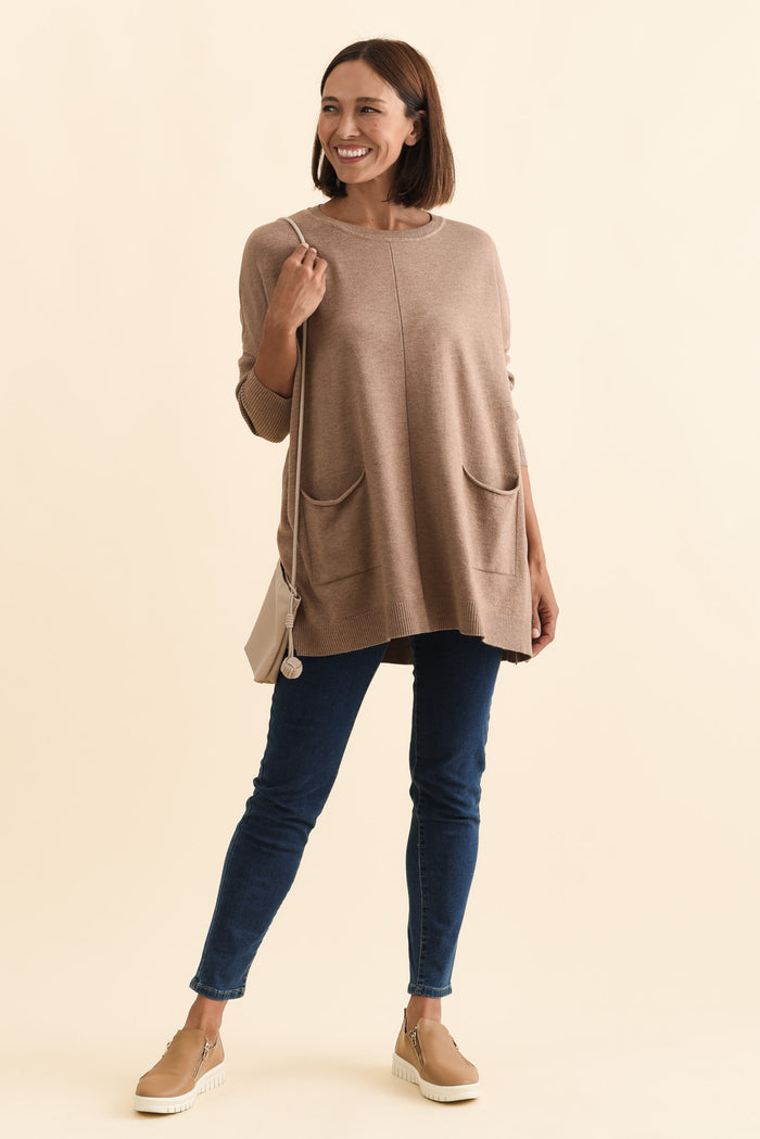 Helsinki Mocha Knit Pocket Jumper,Brunette model,alt text|model:Cara