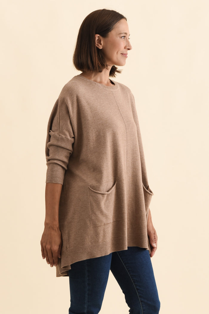 Helsinki Mocha Knit Pocket Jumper,Brunette model,alt text|model:Cara