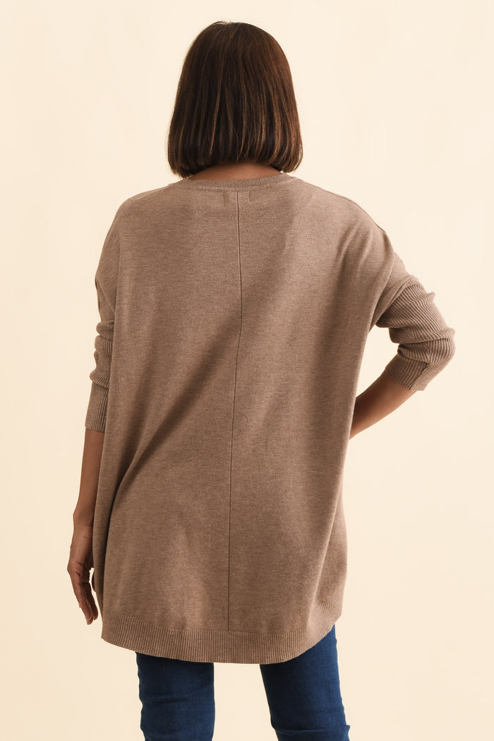 Helsinki Mocha Knit Pocket Jumper,Brunette model,alt text|model:Cara