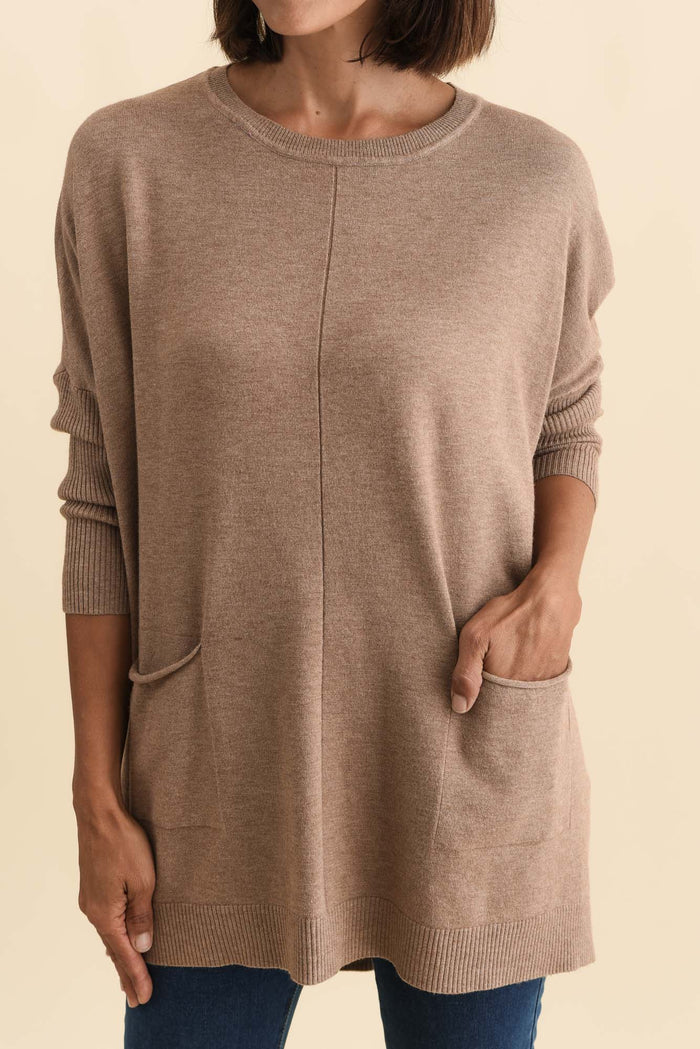 Helsinki Mocha Knit Pocket Jumper,Brunette model,alt text|model:Cara