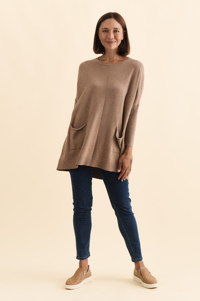 Helsinki Mocha Knit Pocket Jumper,Brunette model,alt text|model:Cara
