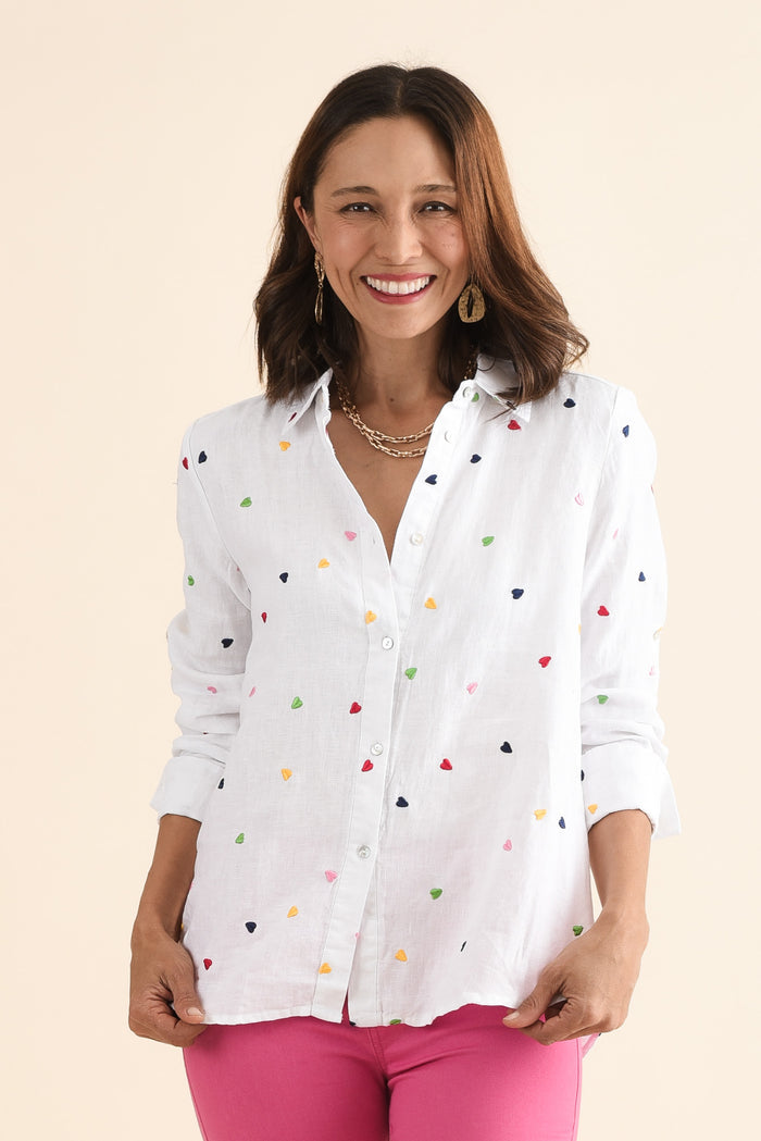 Henne White Heart Linen Shirt,Front,Brunette model,alt text|model:Cara