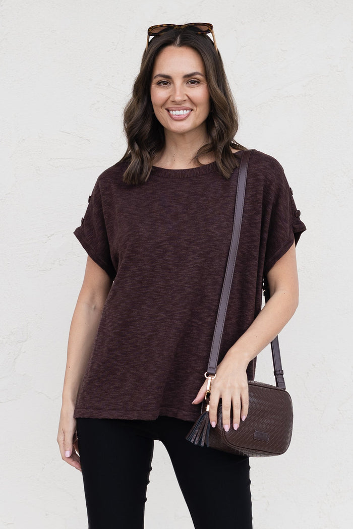 Henrik Chocolate Knit Button Tee,brunette model,Front of Outfit,Lifestyle
