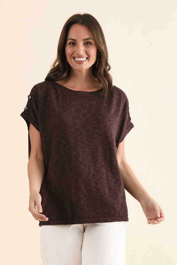 Henrik Chocolate Knit Button Tee,Front,Brunette model,alt text|model:MJ