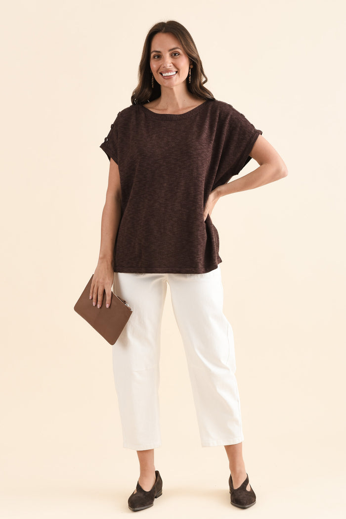 Henrik Chocolate Knit Button Tee,Full Body,Brunette model,alt text|model:MJ