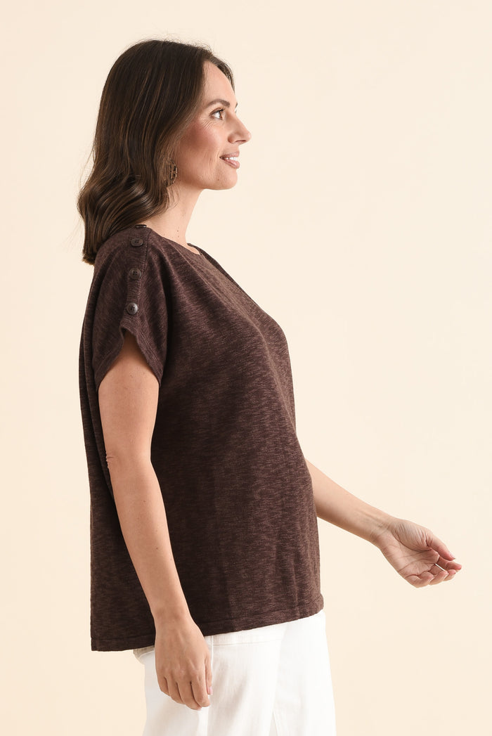 Henrik Chocolate Knit Button Tee,Side,Brunette model,alt text|model:MJ