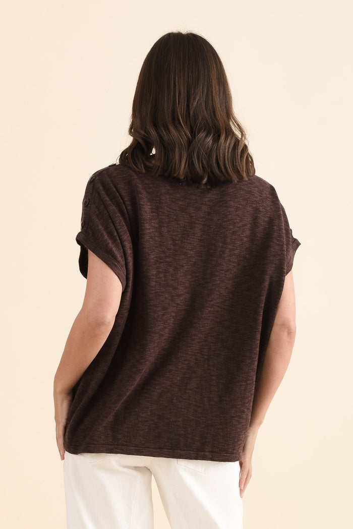 Henrik Chocolate Knit Button Tee,Back,Brunette model,alt text|model:MJ