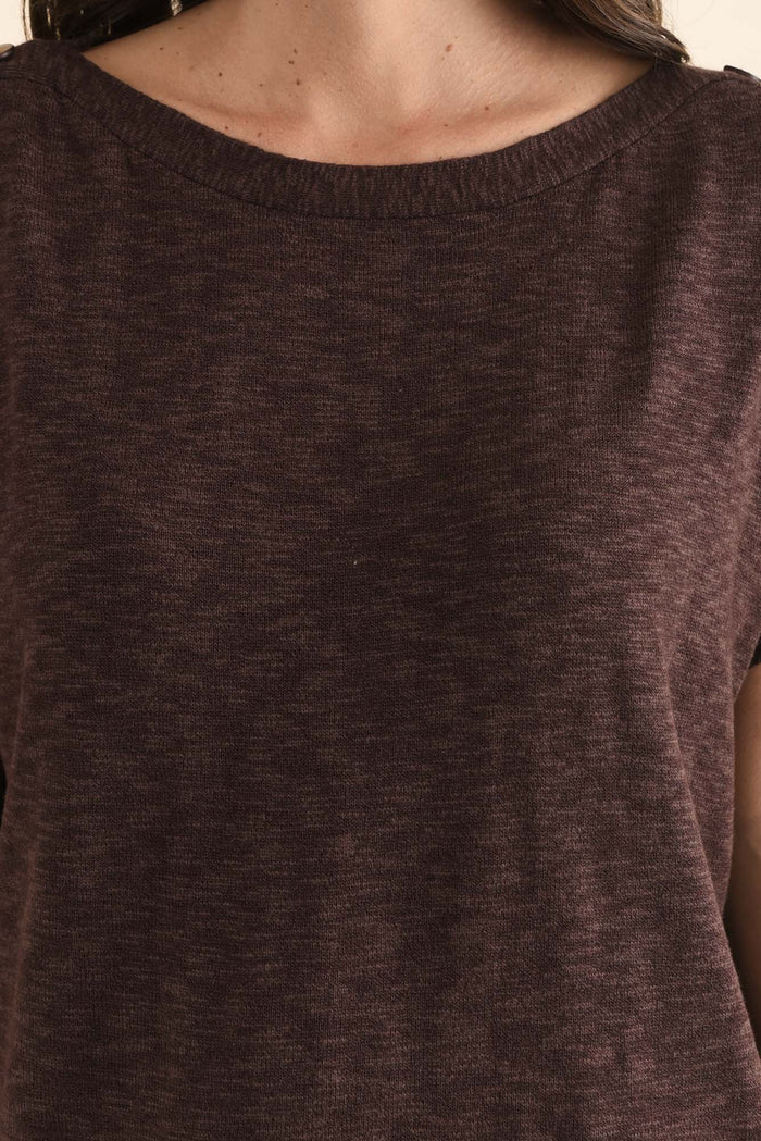 Henrik Chocolate Knit Button Tee,Detail,Brunette model,alt text|model:MJ
