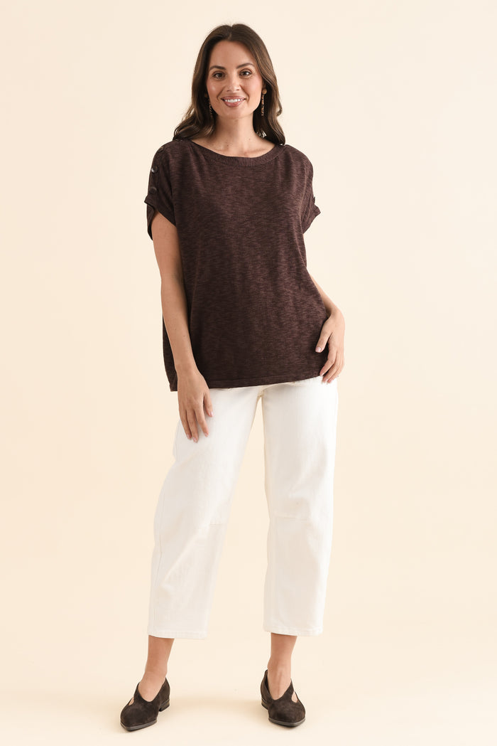 Henrik Chocolate Knit Button Tee,Full Body,Brunette model,alt text|model:MJ