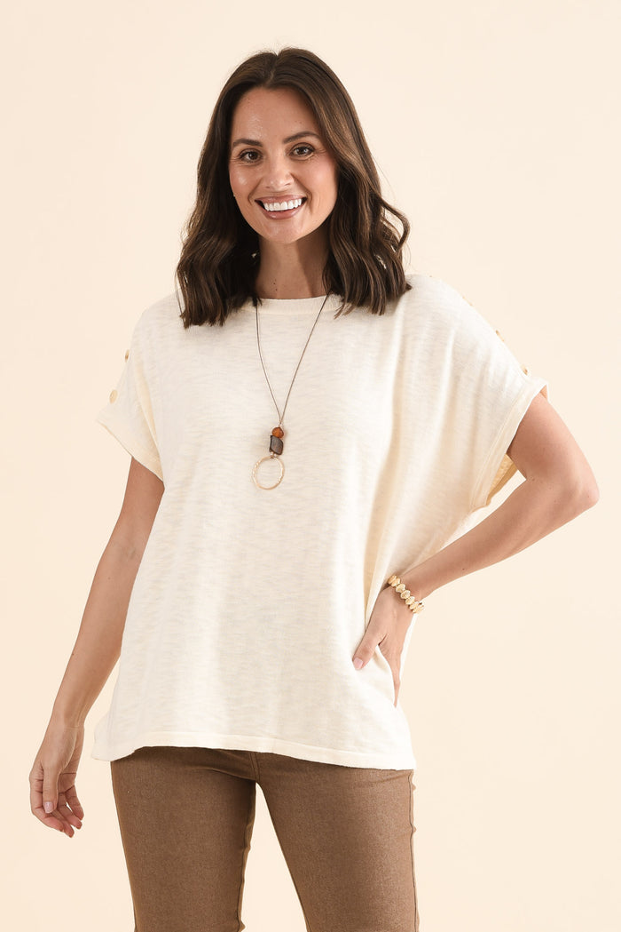 Henrik Cream Knit Button Tee,Front,Brunette model,alt text|model:MJ