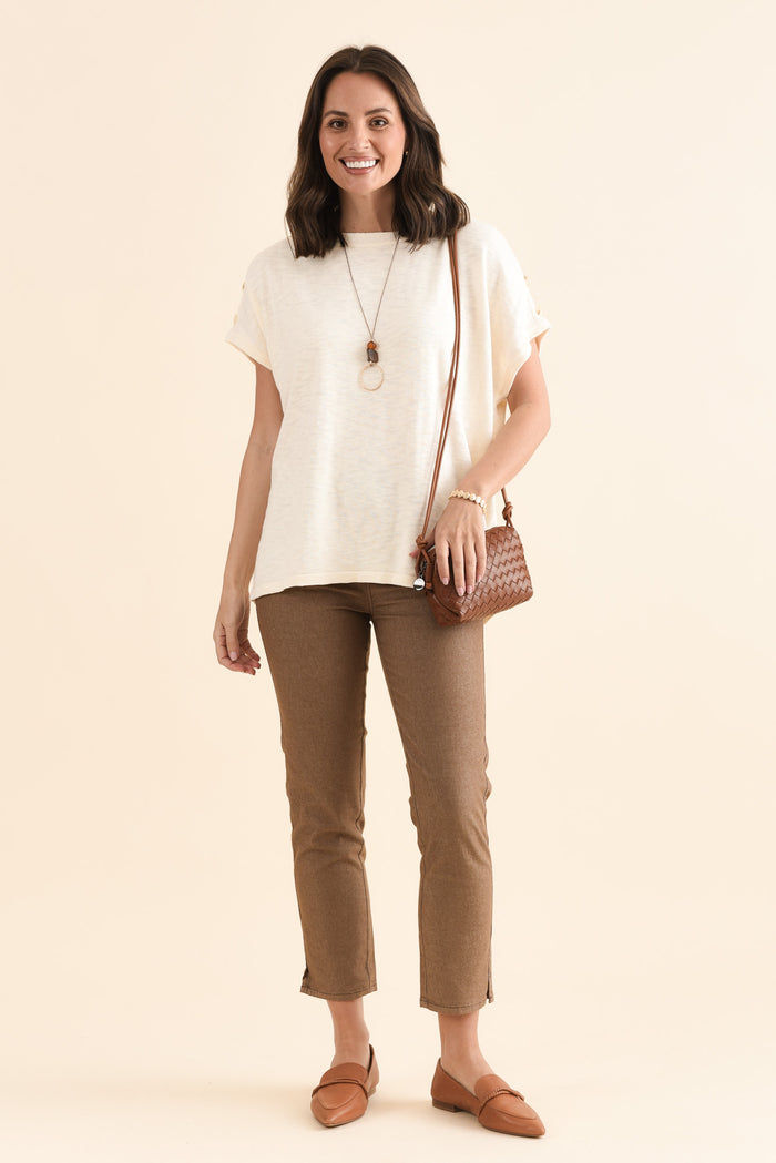 Henrik Cream Knit Button Tee,Full Body,Brunette model,alt text|model:MJ