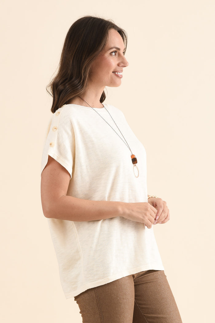 Henrik Cream Knit Button Tee,Side,Brunette model,alt text|model:MJ