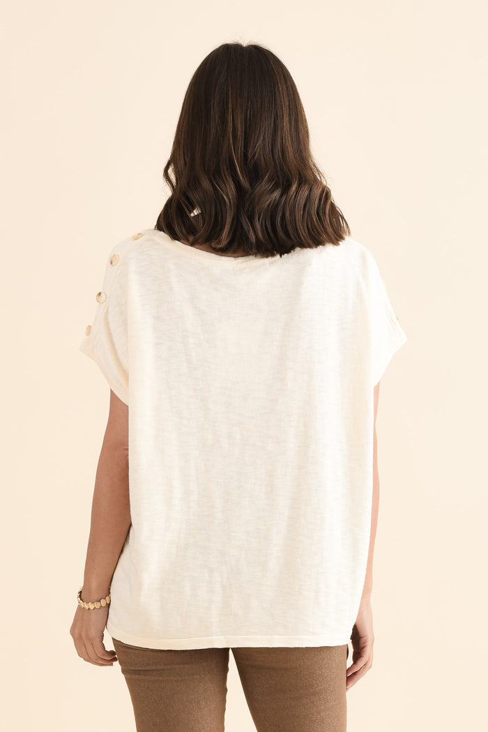 Henrik Cream Knit Button Tee,Back,Brunette model,alt text|model:MJ