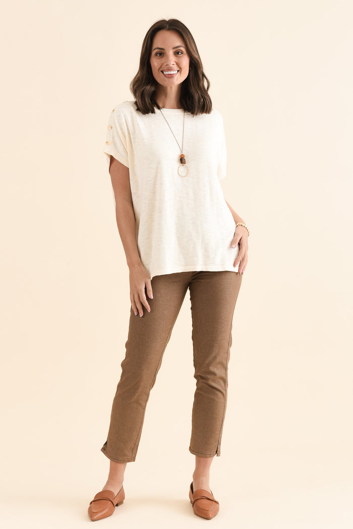 Henrik Cream Knit Button Tee,Full Body,Brunette model,alt text|model:MJ
