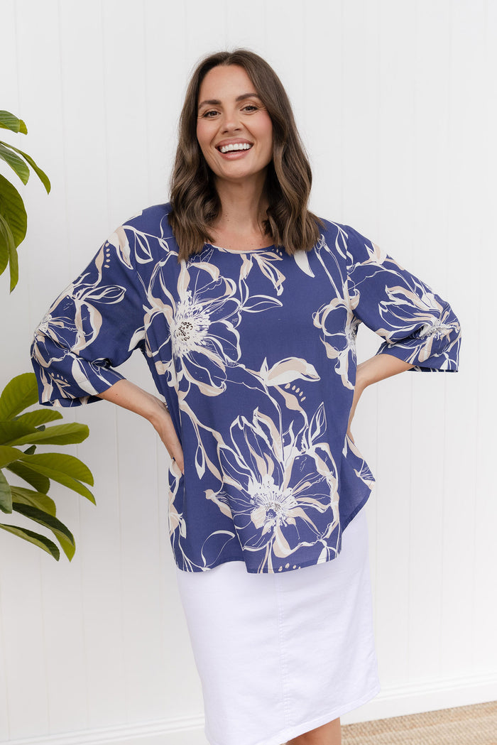 Hepburn Blue Flower Linen Blend Top,Lifestyle
