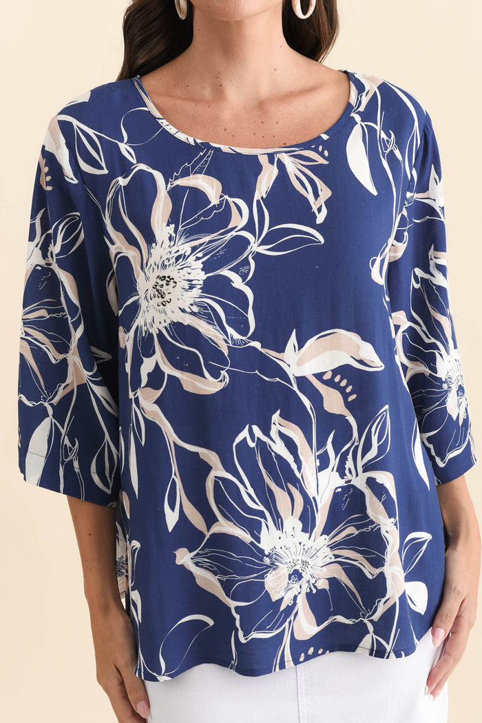 Hepburn Blue Flower Linen Blend Top,Brunette model,alt text|model:MJ