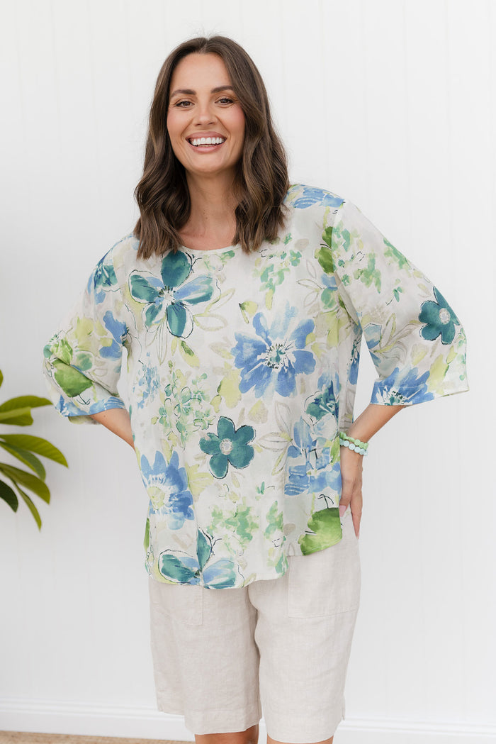 Hepburn Green Floral Linen Blend Top,Lifestyle
