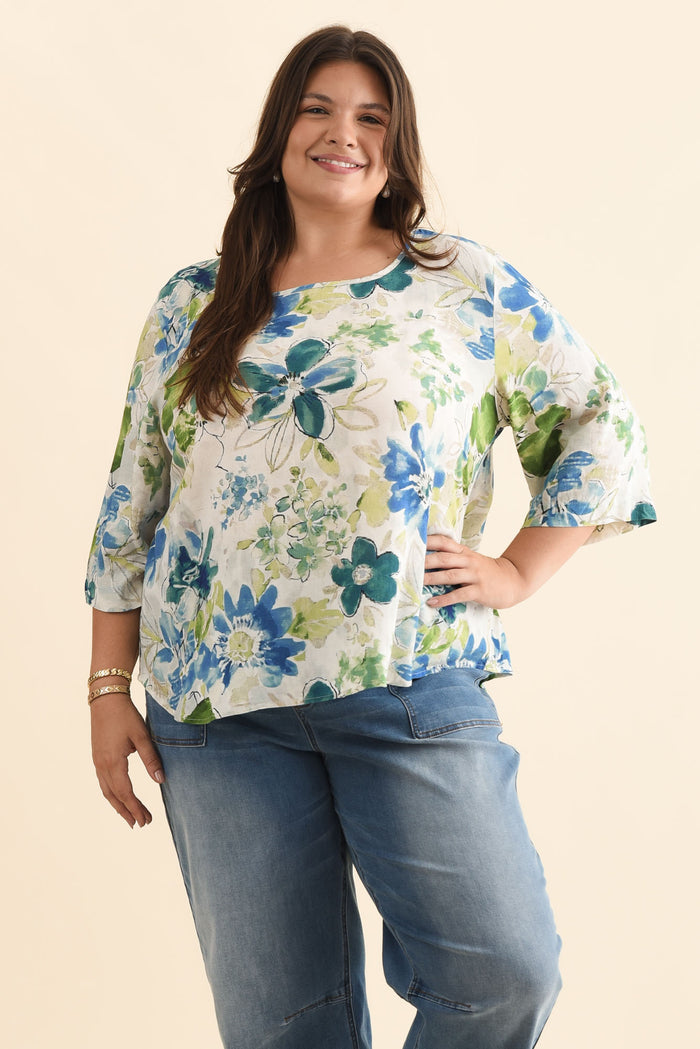 Hepburn Green Floral Linen Blend Top,Brunette model,plus-size,curve-tops,plus-size-sleeved-tops,plus-size-linen-tops,alt text|model:Gabby