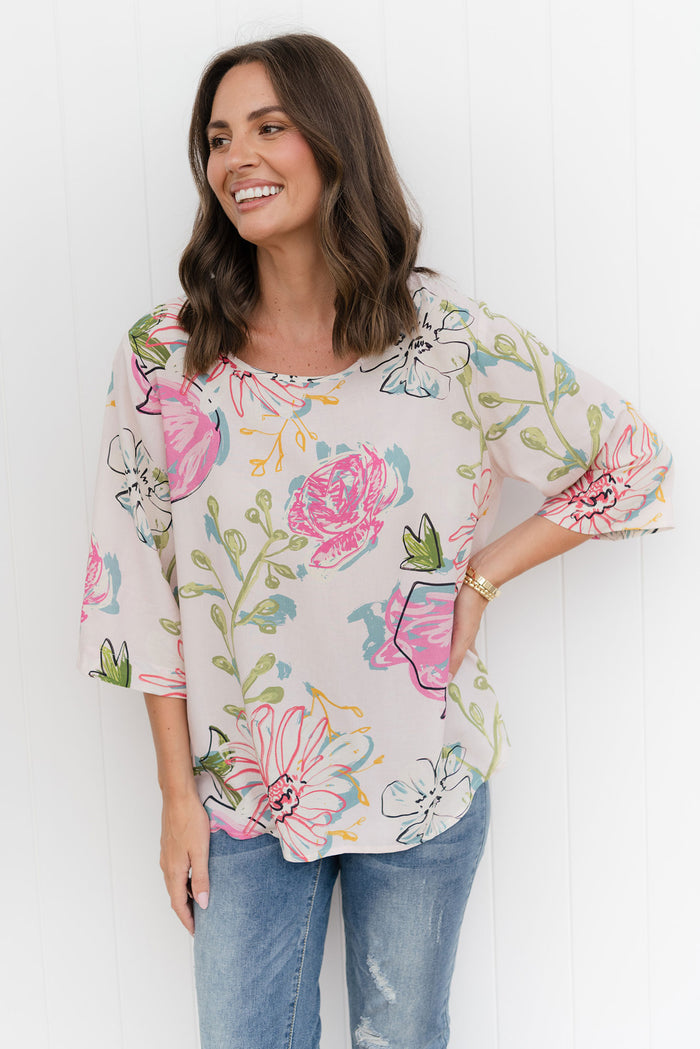Hepburn White Blossom Linen Blend Top,Lifestyle
