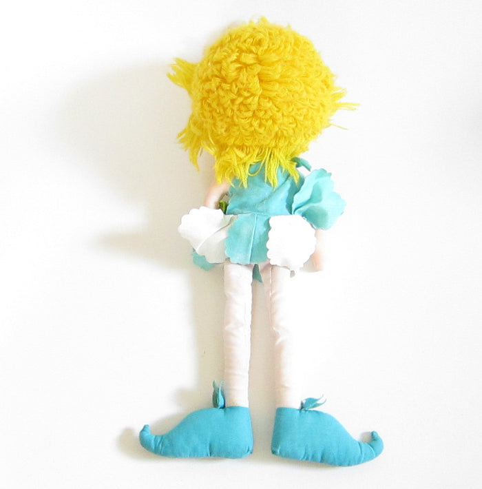 Back of Herself the Elf rag doll with blue dress