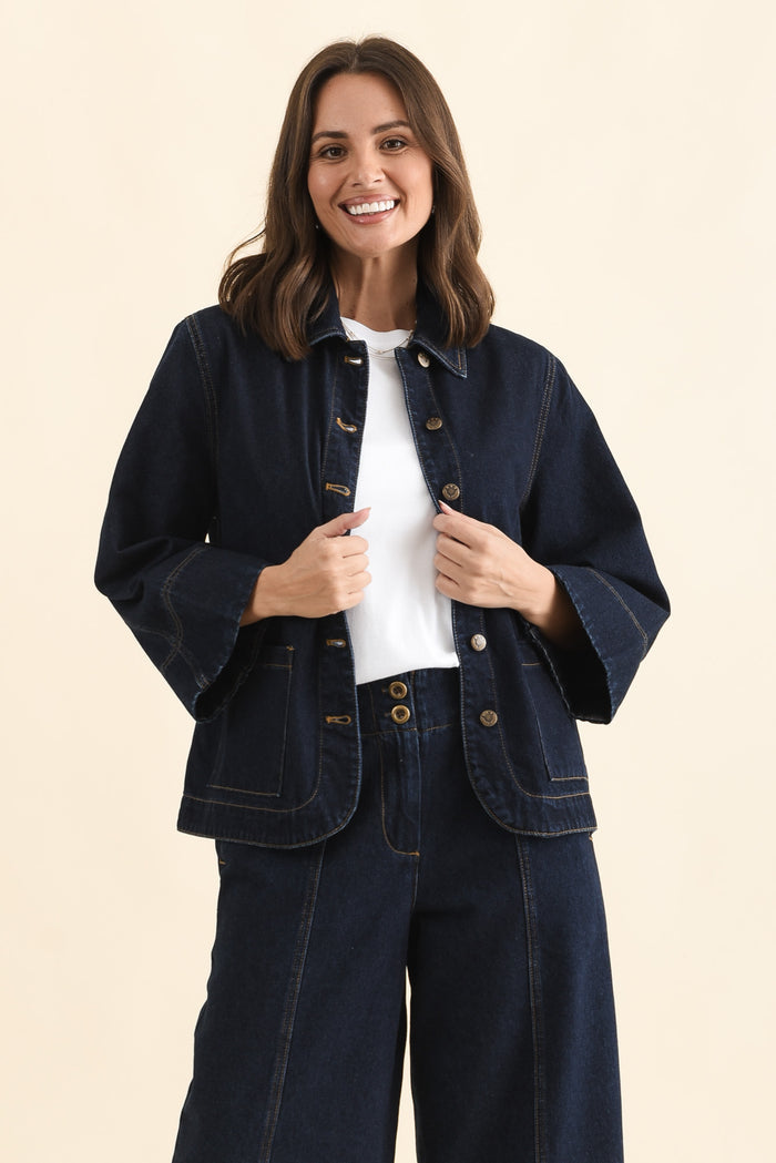 Hilary Dark Blue Denim Shacket,Front,Brunette model,alt text|model:MJ