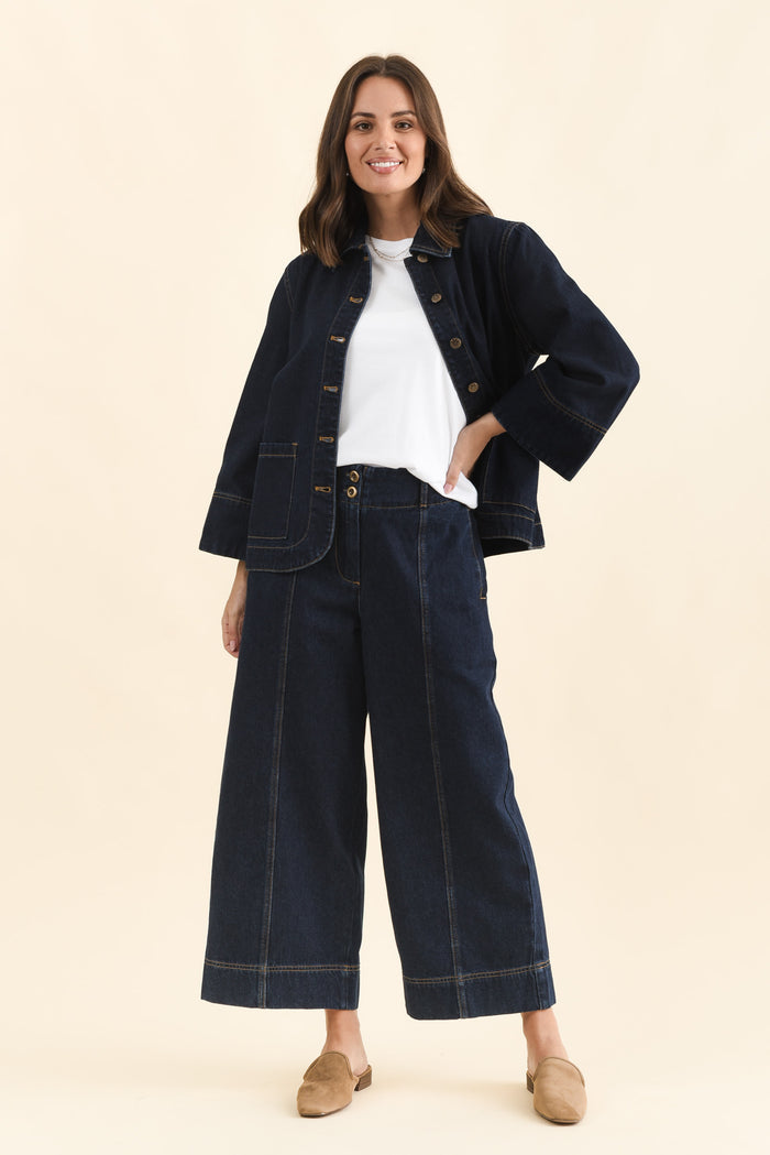 Hilary Dark Blue Denim Shacket,Full Body,Brunette model,alt text|model:MJ