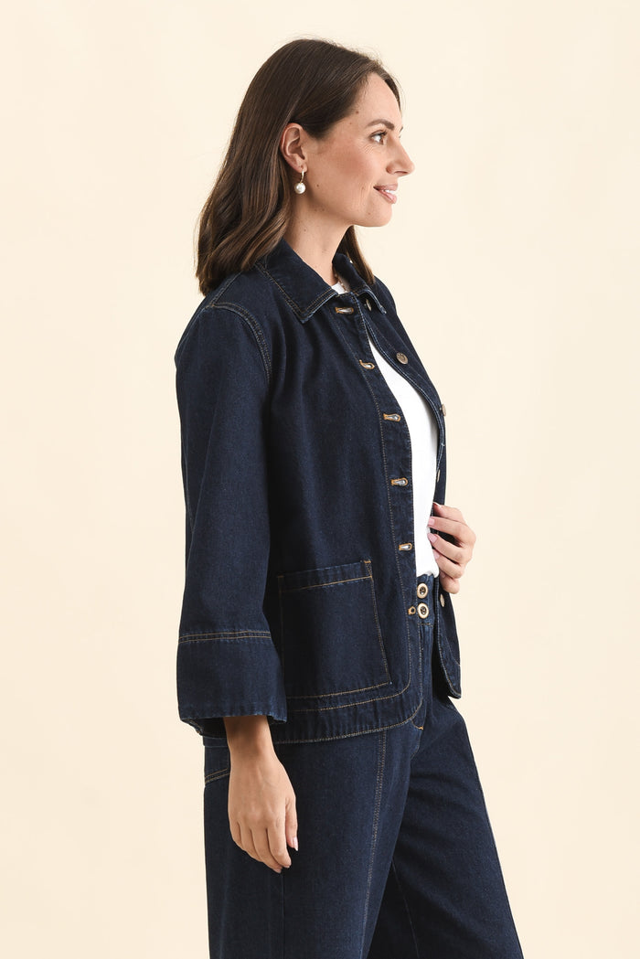 Hilary Dark Blue Denim Shacket,Side,Brunette model,alt text|model:MJ
