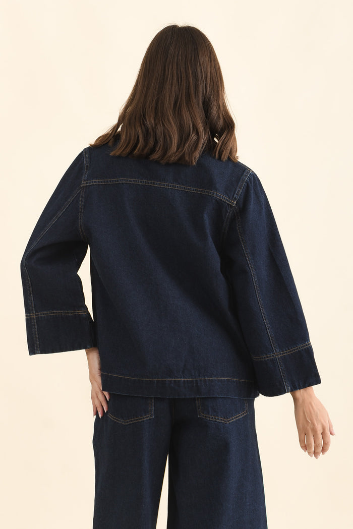 Hilary Dark Blue Denim Shacket,Back,Brunette model,alt text|model:MJ