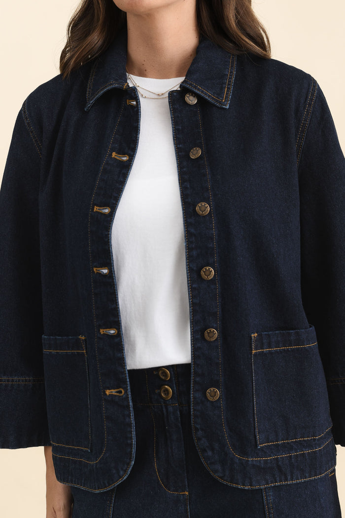 Hilary Dark Blue Denim Shacket,Detail,Brunette model,alt text|model:MJ