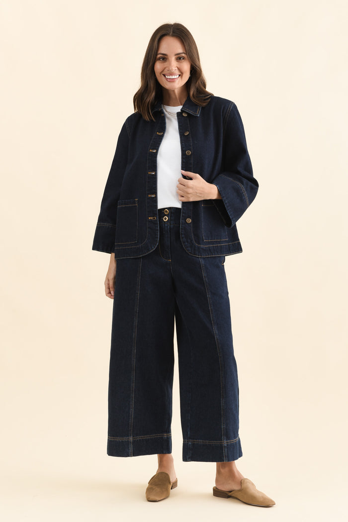 Hilary Dark Blue Denim Shacket,Full Body,Brunette model,alt text|model:MJ